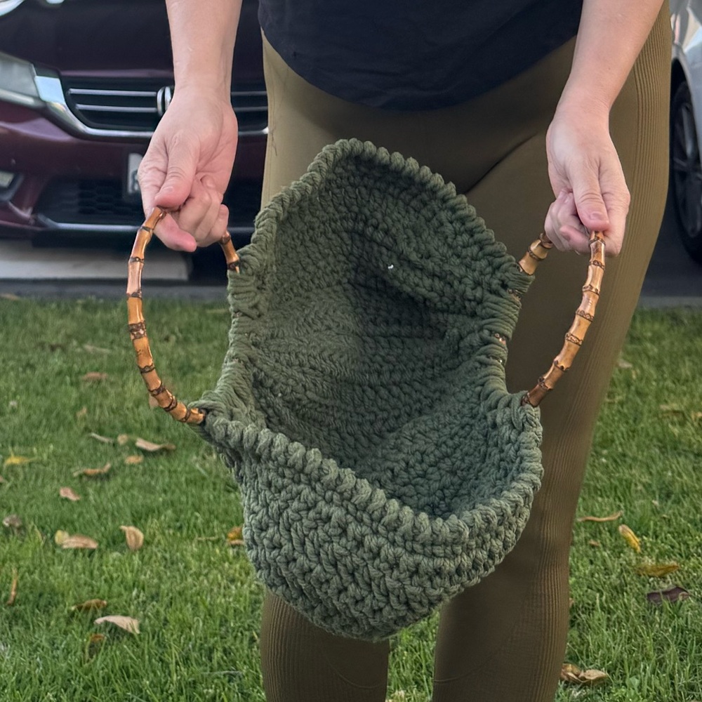 Green Crochet handmade Bag with Wooden Handles